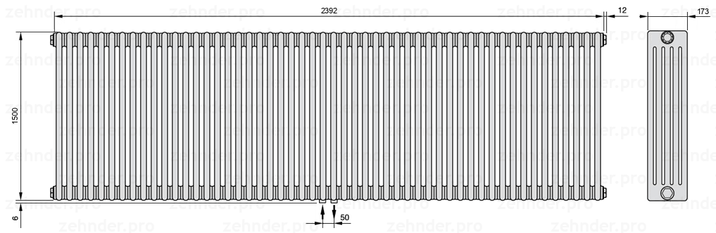 Схема (чертеж) Радиатор Zehnder Charleston 5150/52 №3470 Белый глянцевый RAL 9016